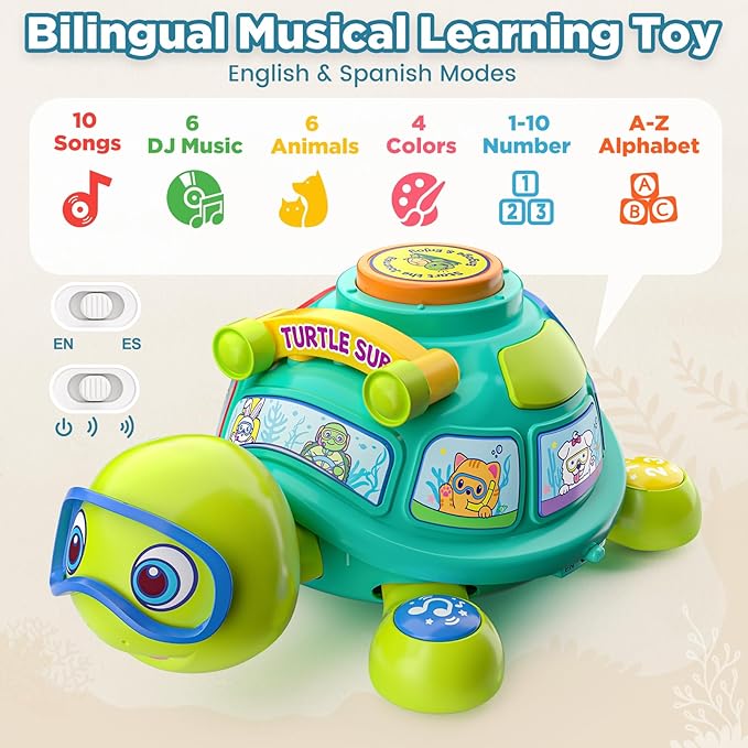 Vahome Musical Crawling Turtle Toy for Babies 3??2 Months, Light-up Educational Baby Toy for 6 7 8 9 10-12 Month Old Boy Girl, Bilingual Development Infant Gifts for 3 4 5 6-12 Months (Green)