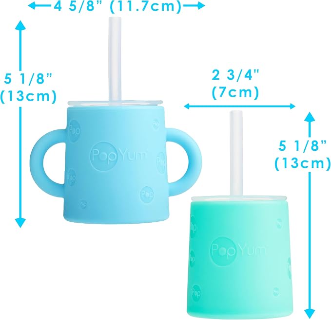 PopYum Silicone Training Cup with Straw Lid, 2-Pack for Baby, Infant and Toddler, Tumbler, Sippy, handles, 5 ounce (blue, green)