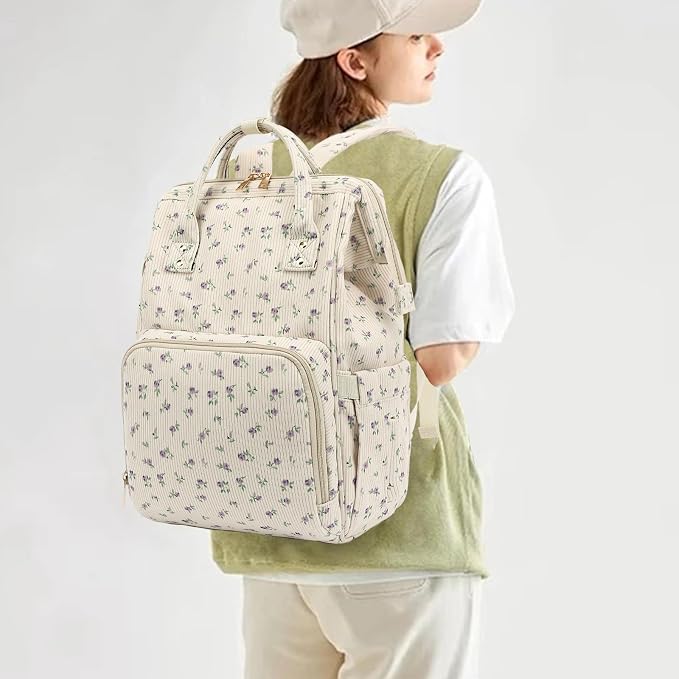Corduroy Diaper Bag Backpack for Baby Girls Boys, Women Large Nappy Bags for Mom (Beige Corduroy Floral Purple)