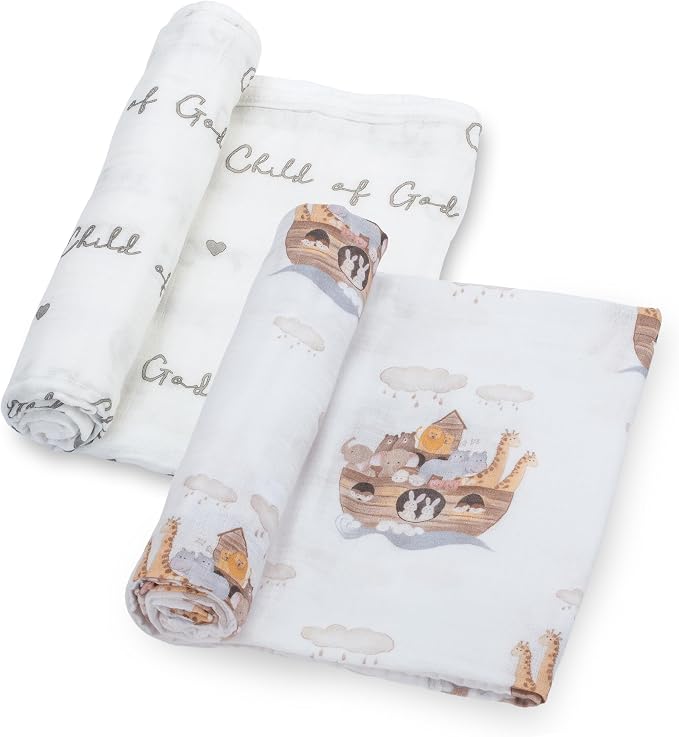 LollyBanks Muslin Swaddle Blankets 2PACK, 100% Cotton Baby Blanket 47 x 47 Inches, Large Baby Swaddle Breathable, Muslin Blankets for Boys and Girls (Child of God and Noah's Ark Print)