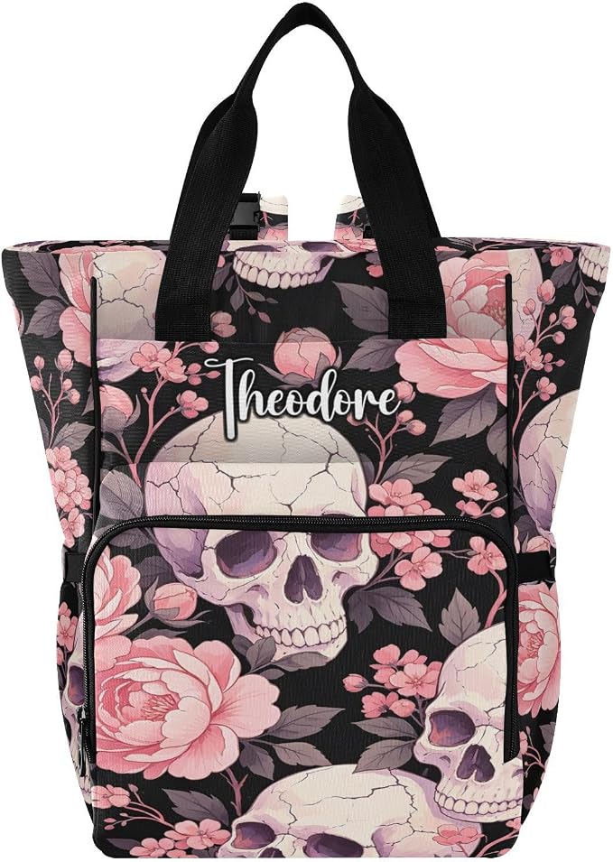 Custom Name Vintage Red Rose Skull Diaper Bag Stroller Straps Gift Mom Dad