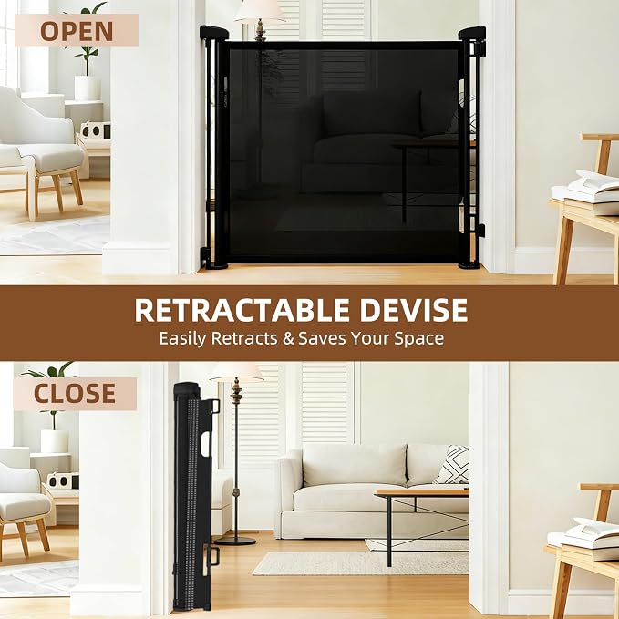 Retractable Baby Gate, 55 in Wide x 33 in Tall Mesh Dog Gate, Hardware Mounted Safety Gate with Double Lock for Doorways, Hallways, Indoor Outdoor, Black