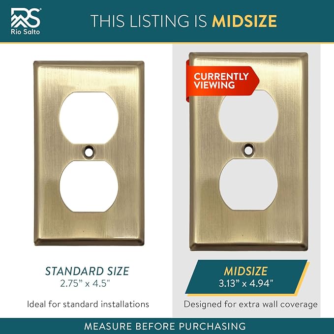 Rio Salto MIDSIZE BRASS Vintage Antique Brushed Brass Gold Metal Duplex Light Switch Cover Outlet Covers ??Signature Collection Premium Wall Plates 1-Pack 3.13" X 4.94"