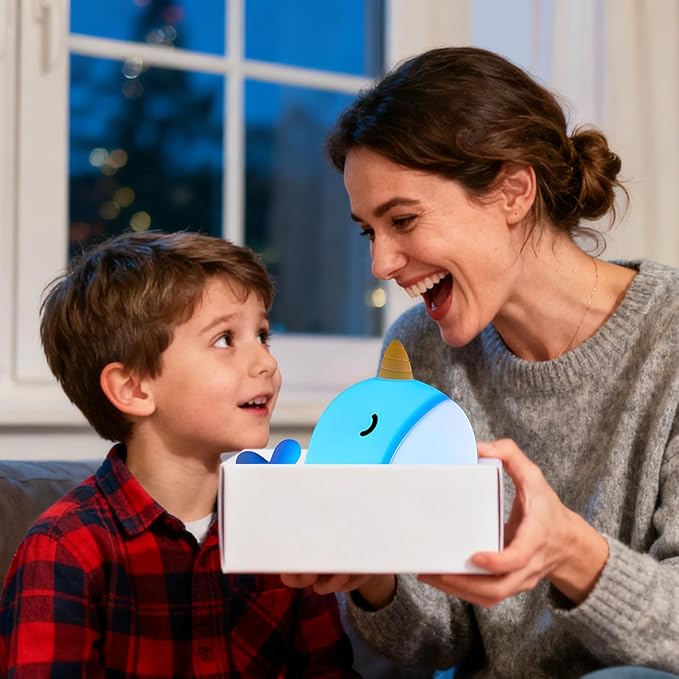 Narwhal Night Light, USB-C Rechargeable Silicone Lamp with Tap Control, 3-Level Dimming & 30-Min Auto Timer, 7-Color Changing Squishy Nursery Light, Birthday Gift for Kids