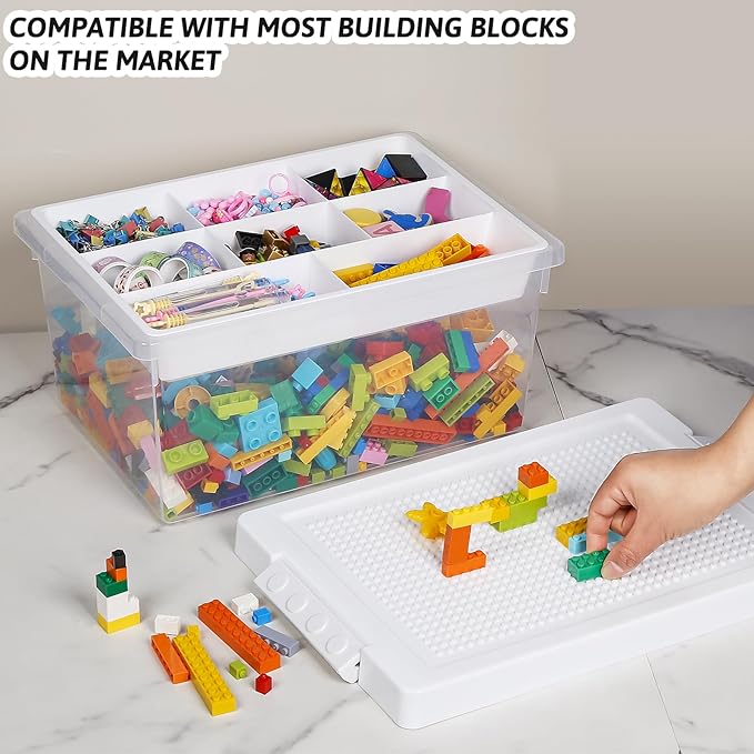 loobuu Plastic Storage Bins with Lids - 1 Set Stackable Arts Crafts Organizer Box with Removable Divided Tray &Compatible Building Baseplate,Toy Chest Containers for Bricks -White(14.37"x9.64"x6.69")