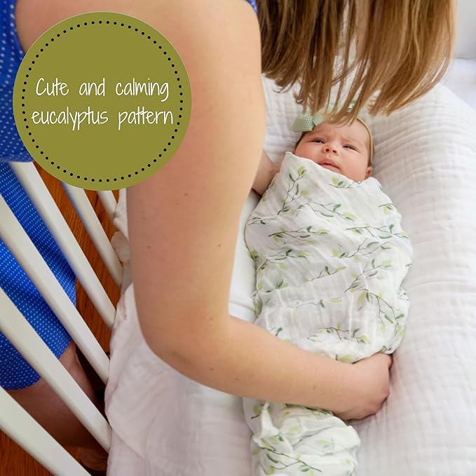 LollyBanks Muslin Swaddle Blankets for Girls, Large 47 x 47 Inches Soft Swaddles for Newborns, Breathable and Lightweight 100% Cotton Baby Blanket, Baby Essentials, Registry (Eucalyptus Print)