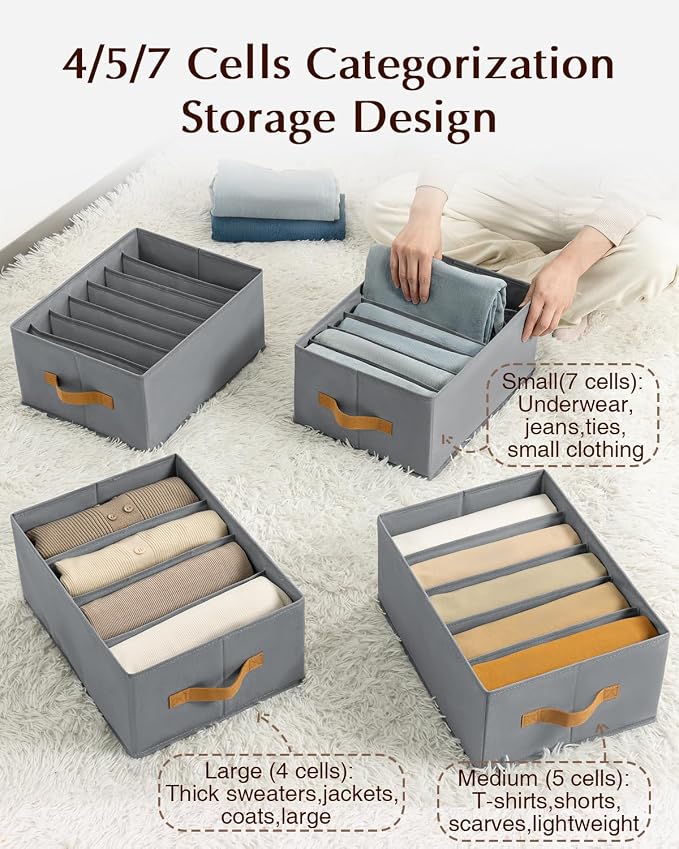 Homsorout Clothes Organizers and Storage - 4/5/7 Grids Fabric Jeans Organizer with Handles, Foldable Closet Organizers Dividers, Wardrobe organizer for Pant, Sweater, T-shirt, Scarf, 6 Pack, Pale Grey