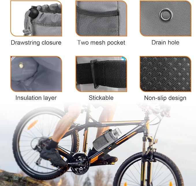 Ohleats 2PCS Cup Holder for Bike, Oxford Cycling Drink Holder with Mesh Pocket and Cord Lock, Universal Water Bottle Organizer for Scooter Wheelchair Handlebar, Bike Accessories (Gray)