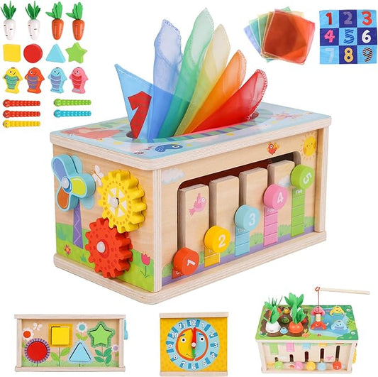 Ancaixin 6-in-1 Montessori Tissue Box Toy for 6+ Months Baby, Wooden Activity Cube, Puzzles 12-18 Months, Perfect 1 Year Old Girl Boy Gifts, Sensory Toys for Toddlers 1-3, Baby 1st Birthday Gift