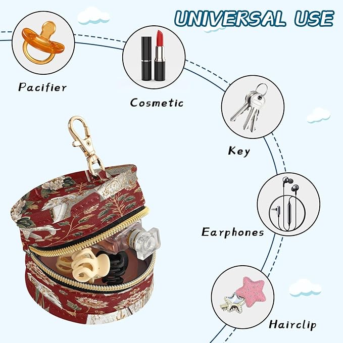 Pacifier Holder with Clip Pacifier Case for Diaper Bag Round Baby Pacifier Pouch Box Bag Portable Red Floral Retro Elephants