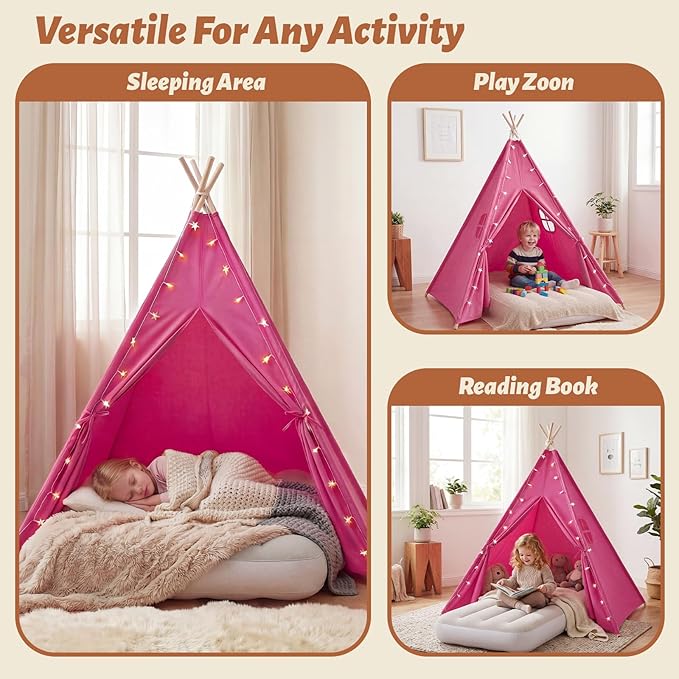 wilwolfer 6 Pack Kids Teepee Tent Bulk and Inflatable Airbed & Light, Natural Toddler Play Tent for Girls Boys Indoor Sleepover Slumber Party Birthday Gifts(White, Rose Red)