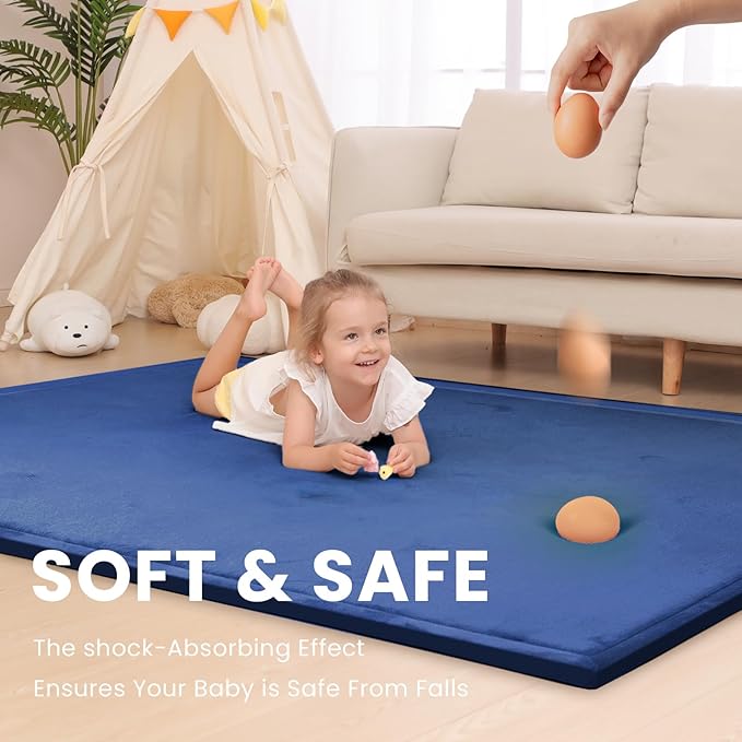 Baby Play Mat for Floor,1.3" Thick Memory foam Tummy Time Mat,Soft Coral Velvet Nursery Rug,Extra Large Non Slip Crawling Mat for Toddlers,Infants,kids,Yoga Mat,Tatami Mat for Living Room(Royal Blue)