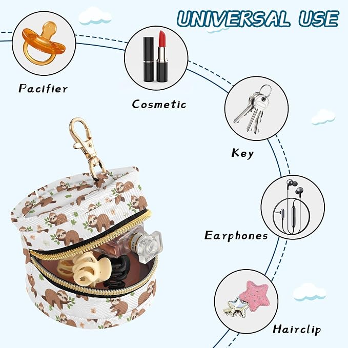 Cartoon Sloths White Print Pacifier Holder Case for Diaper Bag Portable Travel Pacifier Storage Case with Clip Newborn Baby Pouch for Baby Boys Girls Outdoor Purse