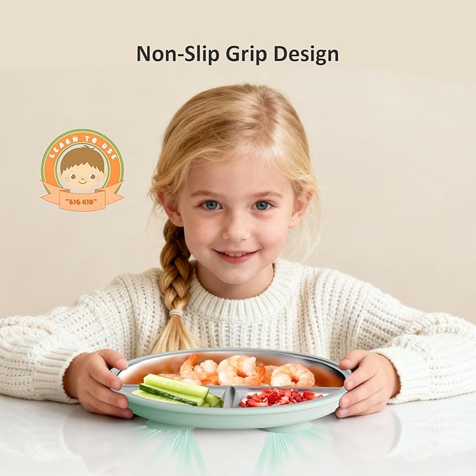 Bakpoco Stainless Steel Toddler Plate with Suction 2Pack, 9??Divided Kids Plates with Silicone Suction for Baby Self Feeding, Non Toxic Non Slip Unbreakable Snack Dishes Dinnerware Set, Blue & Sage