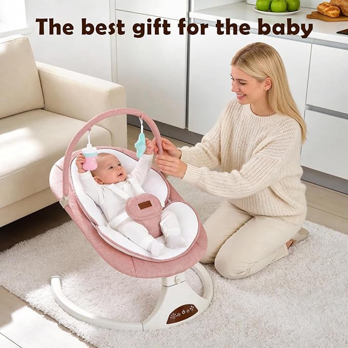 Baby Swings for Infants, Portable Stationary Infant Swing with 5-Speed Settings, Bluetooth Music & Timer, Suitable for Newborns up to 9 Months (Pink)