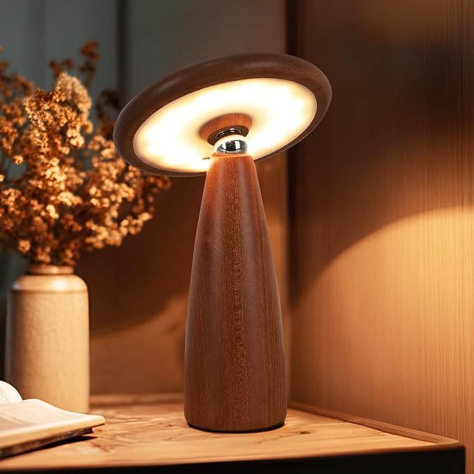 LONRISWAY LED Wood Portable Cordless Touch Switch Small Wooden Mushroom Lamp,Rechargeable Battery Operated, Stepless Dimming, 360 Degree Rotation Angle Adjustable Night Light
