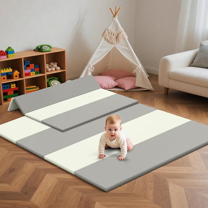 Suihuooo Baby Play Mat Foldable, 1.2" Thick Waterproof Playmats for Floor, Thicken Foam Playmat for Tummy Time, 47x47 Playpen Mat, Portable Baby Floor Mat for Infant, Toddler, Beige & Gray