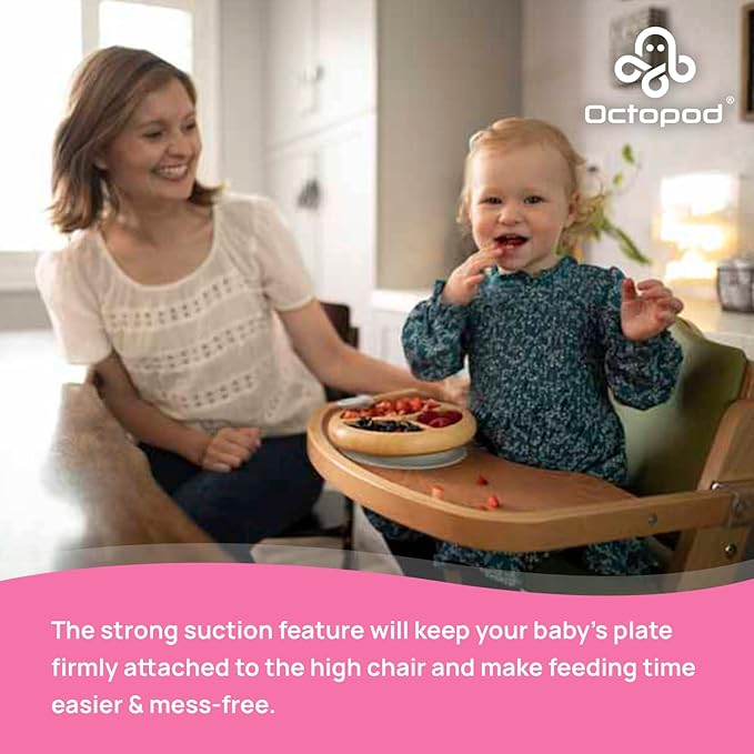 Abiie Octopod Bamboo Dish - Kids Plates for 4 months and up, 3-Compartment Baby Plates with Suction, Triangle Bamboo Baby Plate, Mess-Free Toddler Suction Plates, Baby Feeding Supplies, 8.3x1.9x7.7 in