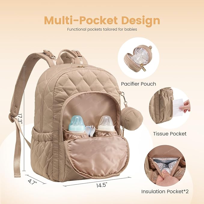 LOVEVOOK Diaper Bag Backpack,Puffer Quilted Baby Diaper Bag with Insulated Pockets,Travel Diaper Backpack for Boys Girls with Changing Pad,Water-Resistant Baby Bag for Mom Dad,Khaki