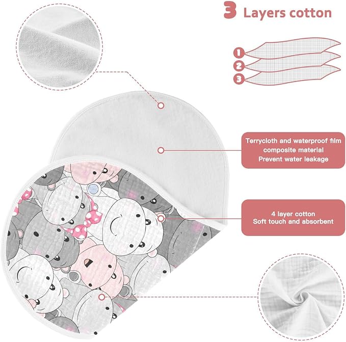 Muslin Burp Cloths for Baby Boys and Girls - 2-Pack Ultra Absorbent Cartoon Hippo Muslin Washcloths, Newborn Towel, Milk Spit Up Rags, Burp Cloth Bibs for Unisex, 22 x 11 Inch