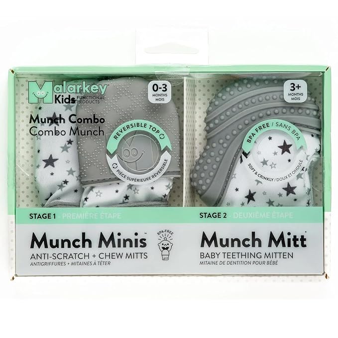 Malarkey Kids Munch Minis Combo Baby Teething Mitt Set (0-7 Months) - Anti-Scratch Newborn Mittens & Silicone Teether Gloves – Self-Soothing Chew Toy with Crinkle Sound - Grey Stars