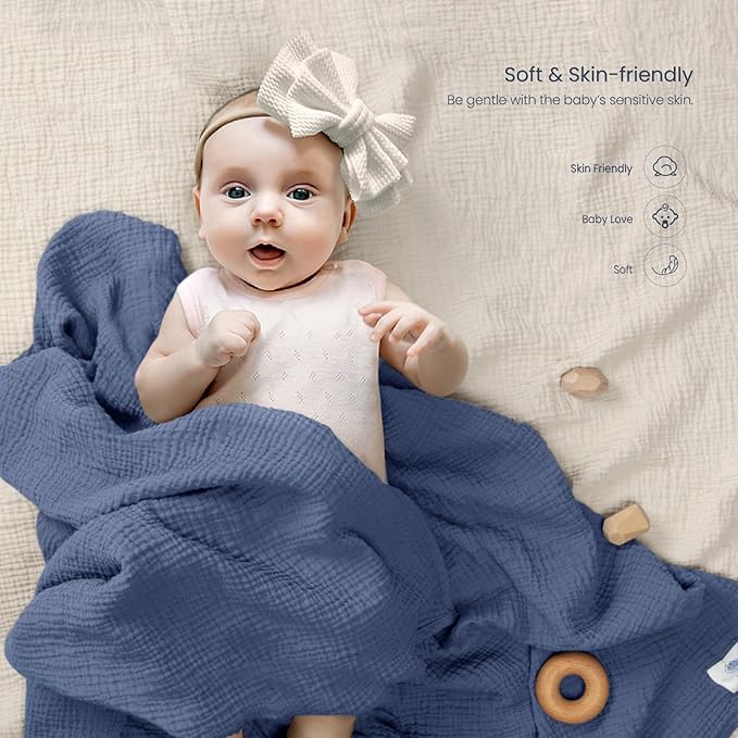 lulumoon Muslin Swaddle Blanket Baby - Cotton Swaddling Blanket Soft Baby Receiving Blankets Neutral 3Pack(Navy)