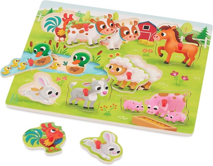 B. toys – Peek & Explore – Farm Animals – Wooden Peg Puzzle – Farm Puzzle for Toddlers, Kids – 8 Farm Animal Pieces – Cow, Horse, Sheep & More – 2+ Years