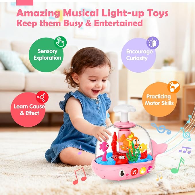 Toys for 1 Year Old Girl Gifts - Press & Spin Aquarium Light Up Musical Baby Toys 6-12 Months - Tuumy Time Toy for Infant 6-9-12-18 Months - Bilingual Learning Educational Toy for 1-3 Year Old Boys