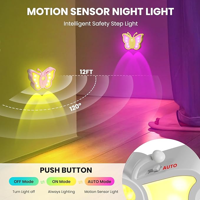 LOFTEK Rechargeable Motion Sensor Night Light, RGB Color Changing & Dimmable Butterfly Night Light for Kids, Wireless Stick on Wall, Bedside, Bathroom, Hallway, Stairs, Cabinet, Black