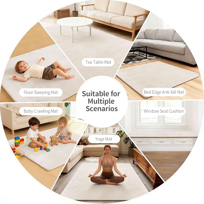 Velvet Baby Play Mat for Floor, 1.3" Thick Elasti-Foam 47"×47" Playpen Mat with Removable & Washable Velvet Cover for Toddler, Infant,Kids, Non-Slip Crawling Mat for Tummy Time (Beige)