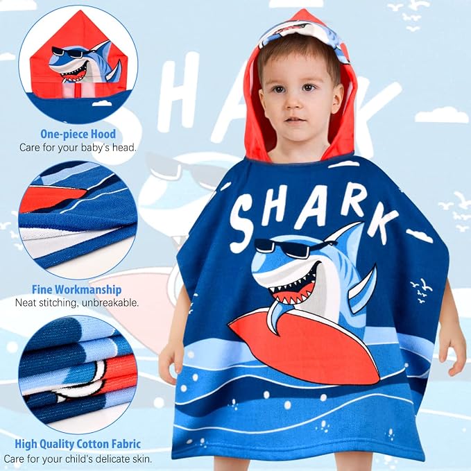 HUANLANG Kids Hooded Bath Poncho for Boys & Girls Super Soft & Absorbent Cotton Shark Towel for Toddlers 2-6 Years Old