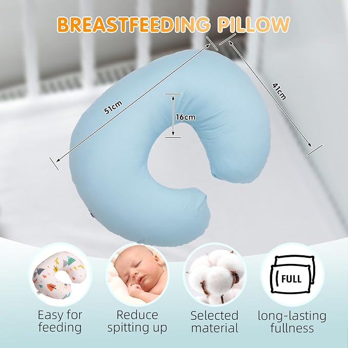 LAT Nursing Pillow for Breastfeeding,100% Cotton Removable Cover,Ergonomic Breast Feeding Pillows for Mom and Baby,Machine Washable(Baby Blue)