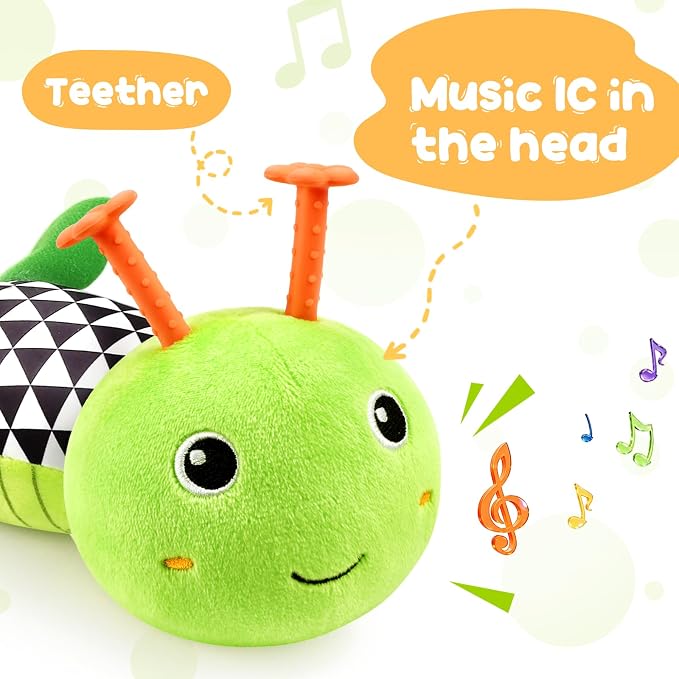 Baby Sensory Toys 0-6 6-12 Months, Stuffed Musical Caterpillar Animal Toys for Babies 3-6 Months with Rattles Crinkle Squeaker, Infant Tummy Time Toys for Newborn Baby Boy Girl Gifts, Green