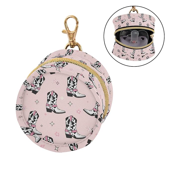 Cowgirl Boots Stars Pink Pattern Pacifier Holder Case with Clip Portable Pacifier Storage Case for Girls Boys Baby Pacifier Pouch for Diaper Bag or Purse Stroller