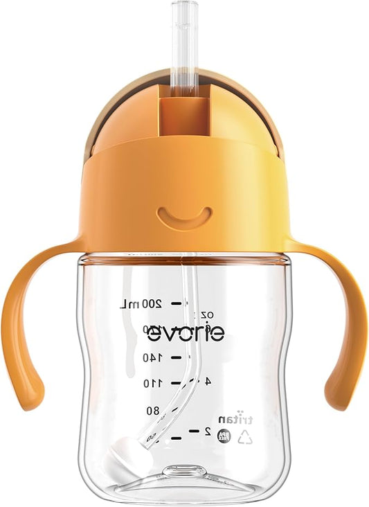 Evorie Tritan Weighted Straw Sippy Cup with Handles for Baby and Toddlers, Spill Proof Baby Water Bottle with Straw for 6 Months and up, 7 Oz, Infant Training Water Bottle (Apricot)