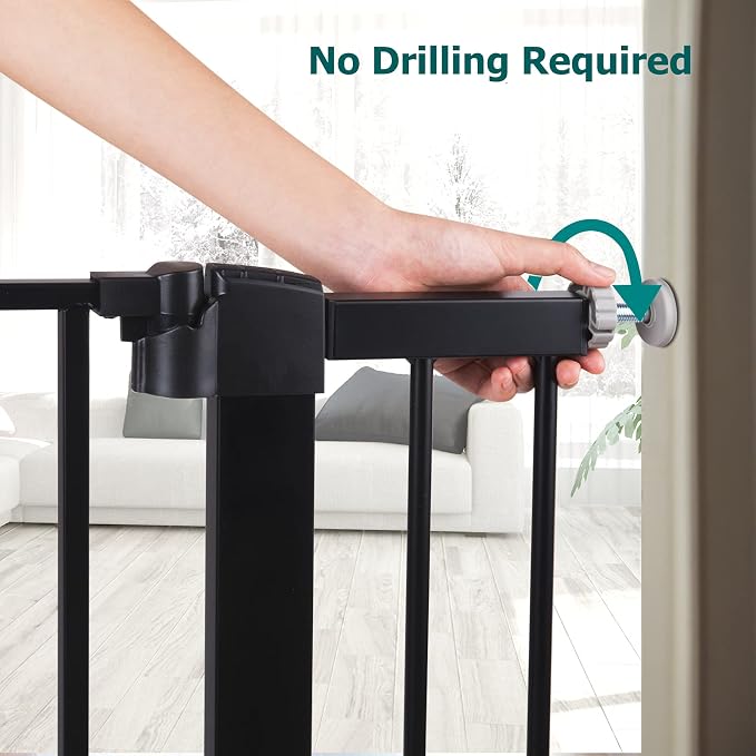 BABELIO Metal Baby Gate, 2.75 Inch Black Extension, Extra Wide Baby Gates for Stairs & Doorways, Pressure Mounted Walk Thru Child Gate with Door, NO Need Tools NO Drilling,28" Tall