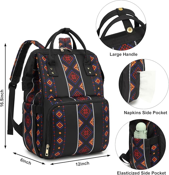 Boho Diaper Bag Backpack for Mom Dad, Multifunctional Bohemia Baby Nappy Backpack with Stroller Straps Insulated Pockets (Black)