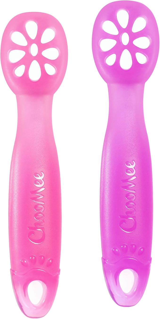 ChooMee FlexiDip Silicone Baby Learning Utensil | 4 Months + Baby Led Weaning | Flat Head Spoon with Firm Handle | Designed in USA, BPA Free, Premium Grade Platinum Silicone | 2 CT Pink Purple