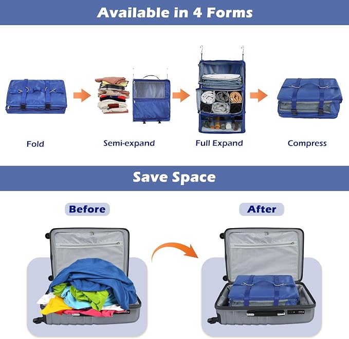 Surblue Hanging Shelves Travel Storage Bag Compression Packing Cube for Suitcase Portable Closet Organizer Collapsible with Extension Layer Large Capacity,Blue,XXL