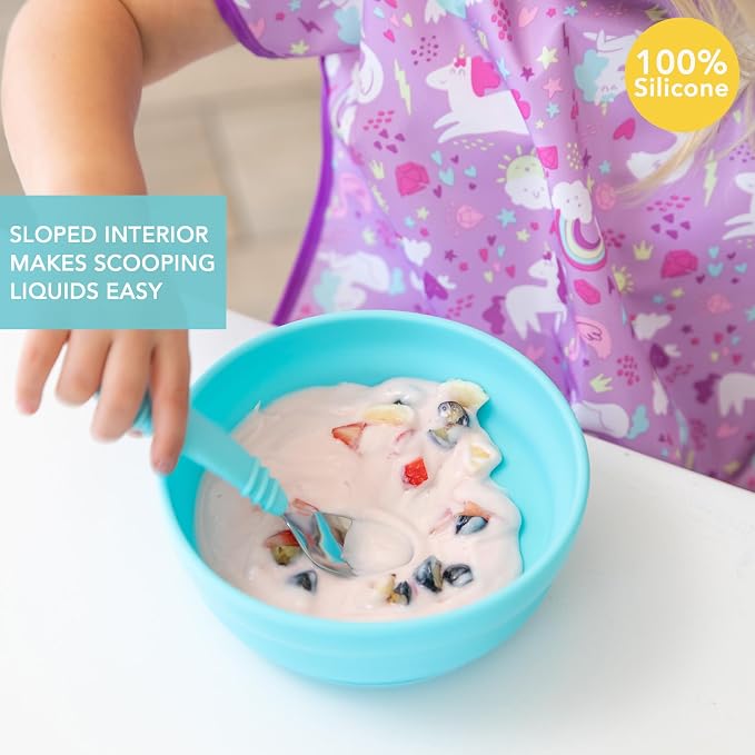 Bumkins Baby Bowl, Silicone Suction, for Babies, Toddlers and Kids, Baby Led Weaning, Feeding Essentials, Platinum Silicone, Non Skid Sticky Bottom, Supplies for Children Ages 6 Months Up, Blue