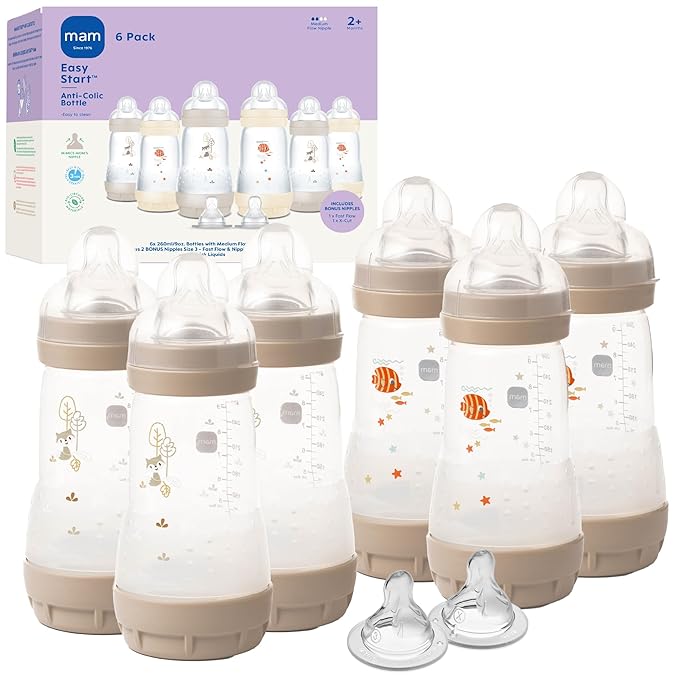 MAM 9oz Easy Start Anti-Colic Baby Bottles, Medium Flow with 2X Bonus Nipples (Fast and Extra Fast Flow), Reduces Colic, Gas, & Reflux, Easy-to-Clean, BPA-Free, 2 Plus Months (Pack of 6)