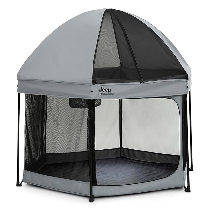 Jeep Hexagon Pop Up Play Yard with Removable Canopy | Ideal for Indoor and Outdoor Use, Grey