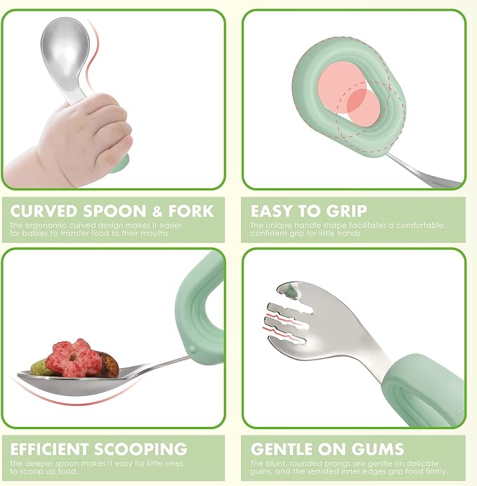 MR. CHOU Baby Suction Bowl Set with Spoon & Fork, Insulated Double-Layer 18/8 Stainless Steel Toddler Bowls with Silicone Suction Cup & BPA Free Airtight Lids, Green