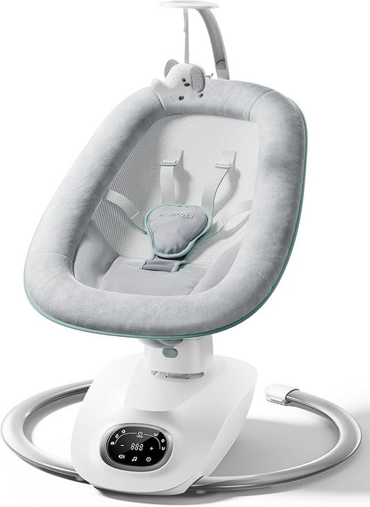 Momcozy CocoSway Electric Baby Swing for Infant, 180° Rotating Seat, 6 Parent-Like Sway Motions & 4 Speeds, Remote Control, Machine-Washable Cover, Grey