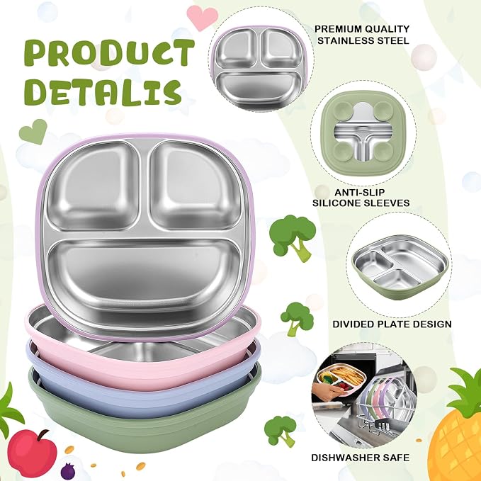 Geiserailie Square Stainless Steel Toddler Plates with Suction – 7.68” Divided Plates with Removable BPA-Free Silicone Sleeves, Unbreakable Baby Feeding Dishes Set of 4 (Pink,Green,Purple,Blue)