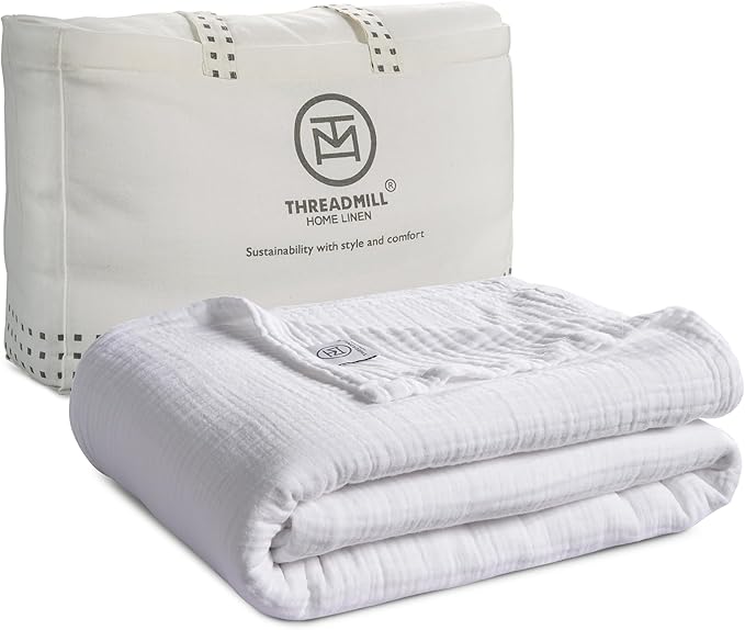 Threadmill Muslin Twin Blanket | Pre Washed, Soft, Breathable and Lightweight Summer Blanket | 4-Layer Gauze Blanket for Kids and Adults | Twin Size Throw Blanket Seasons | White
