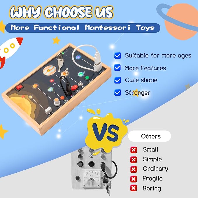 Adena Montessori Solar System Busy Board for Toddlers - Wooden Sensory Activity Toys with LED Light Switch, Travel Toys for 1-6 Year Old Boys & Girls Gifts, Educational Board for Fine Motor Skills
