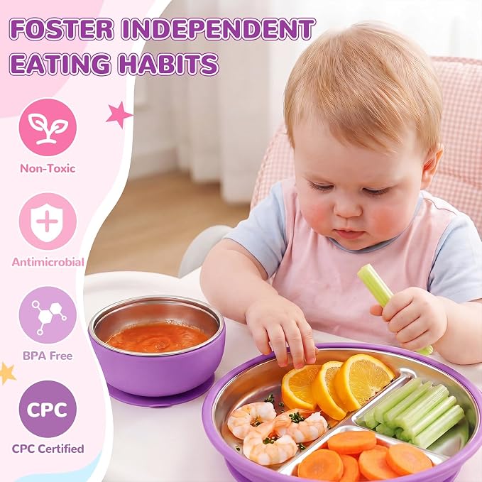 Havawish 4 Pcs Stainless Steel Baby Plate and Bowl with Suction, 8.3" Kid Divided Plate 4" Toddler Bowl with Removable Silicone, BPA-free Non-slip Baby Feed Set Dishwasher Safe for Boy Girl (Purple)