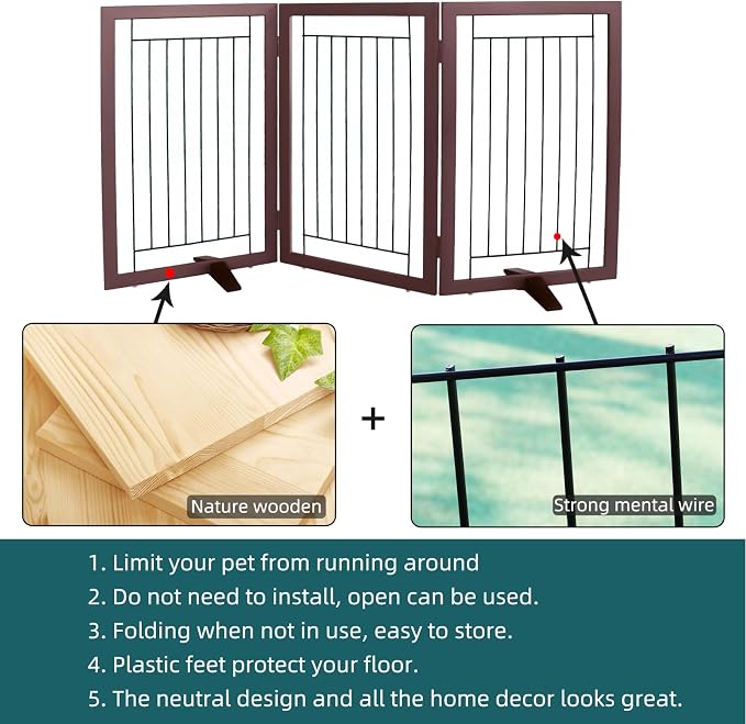 Dog Fence Indoor - 3-Panel Freestanding Dog Gate for Doorways, Hallways, House or Stairs -60x32-Inch Retractable Foldable Expandable Wood Pet by SFJC (Brown)