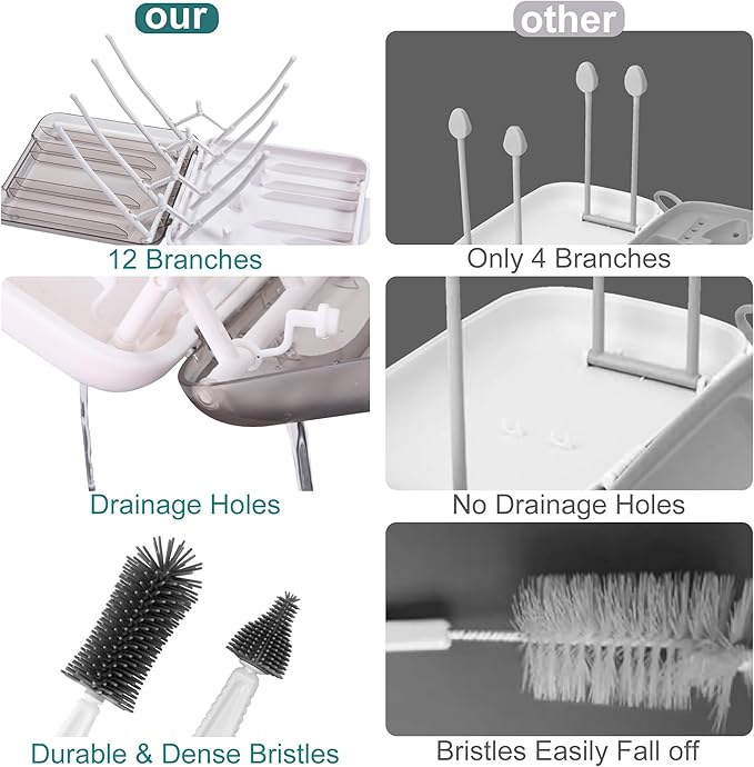 Baby Bottle Brush, 7 in 1 Travel Bottle Cleaner Kit with Soap Dispenser, Bottle Drying Rack, Dishcloths, Portable Essentials for Home and Travel-White